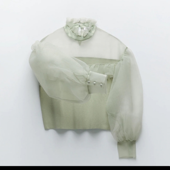 🆕ZARA | Organza Knit Top Sea Foam Green Ruffle Sheer Sweater Top Size Large - Picture 5 of 16